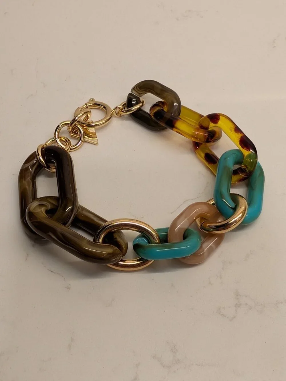 Erimish Chunky Acrylic Link Bracelet Turquoise Tortoise Gold 8